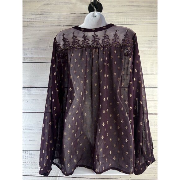 Bila Top Women XXL Burgundy Sheer Popover V Neck Long Sleeve Beaded Embroidered - Picture 5 of 14